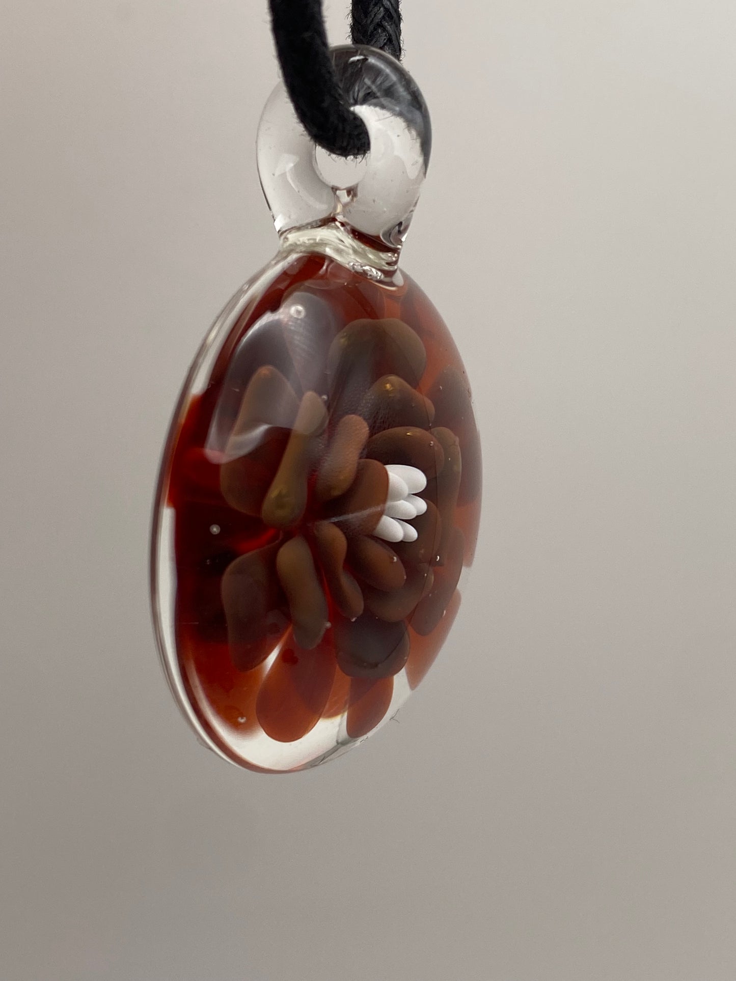 Flower Implosion Pendant - Ruby Red and Gold Fume - w/ White Stamen