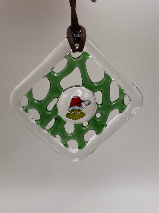 Murrine Webbing Ornament - Grinch Santa - Green Stardust