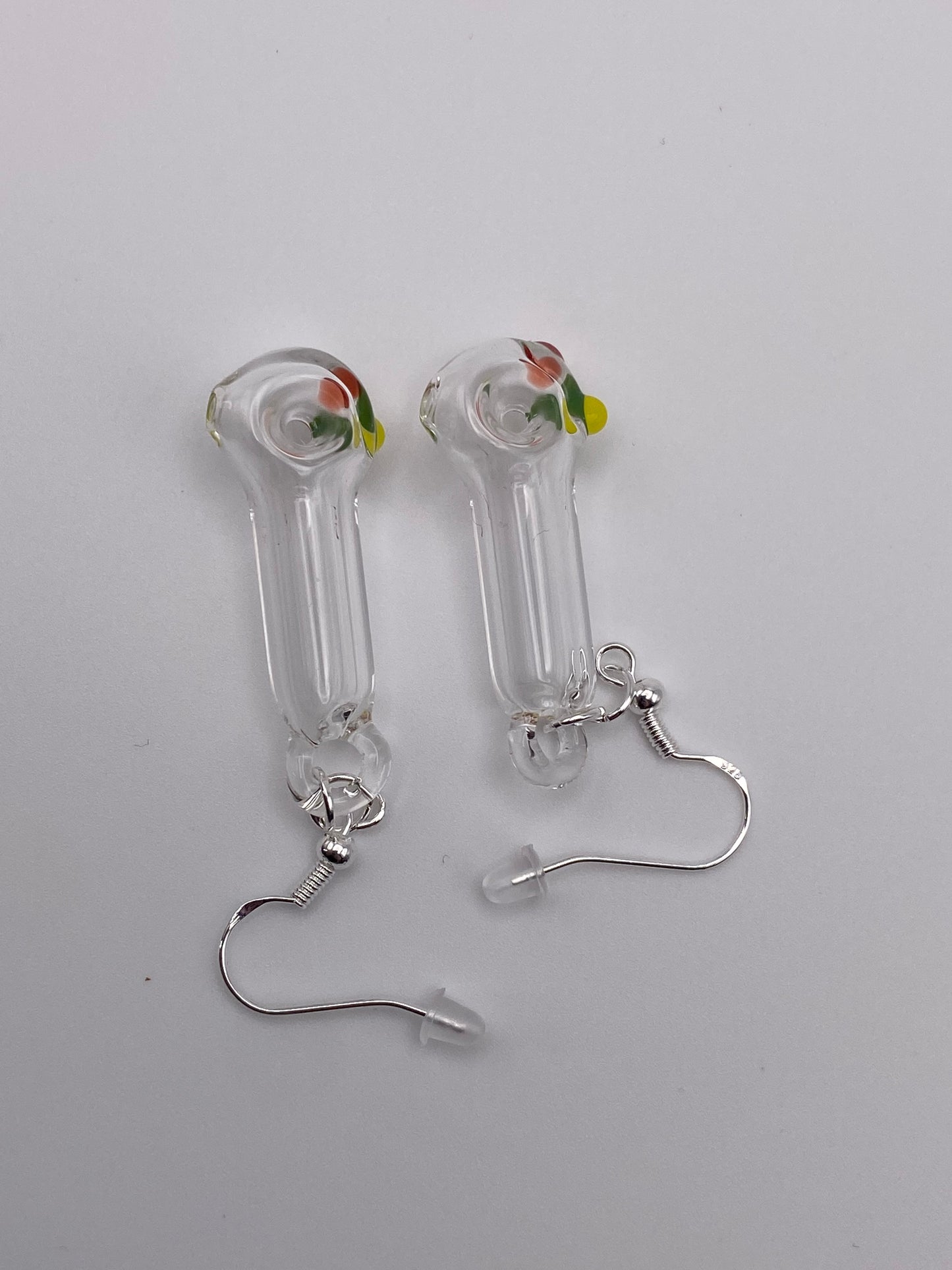 Spoon Pipe Earrings Clear w/ Rasta Accents