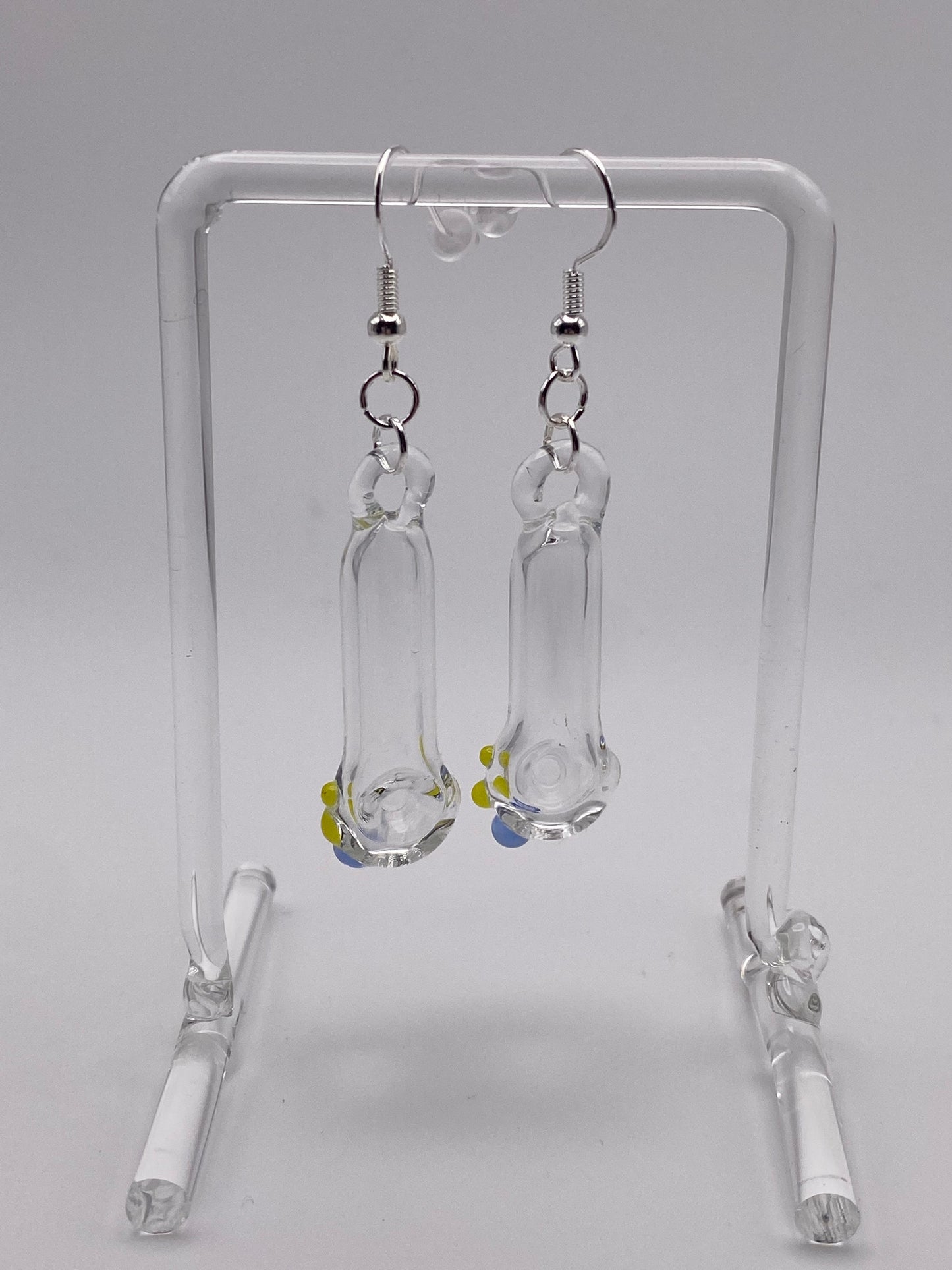 Spoon Pipe Earrings Clear w/ Light Cobalt and Canary Yellow Accents