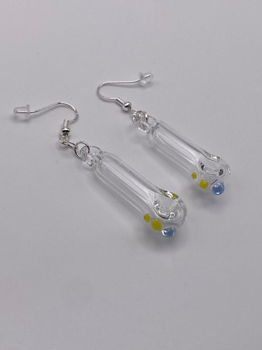 Spoon Pipe Earrings Clear w/ Light Cobalt and Canary Yellow Accents