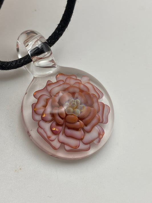 Flower Implosion Pendant - Garnet and Gold Fume - w/ Butterscotch Stamen