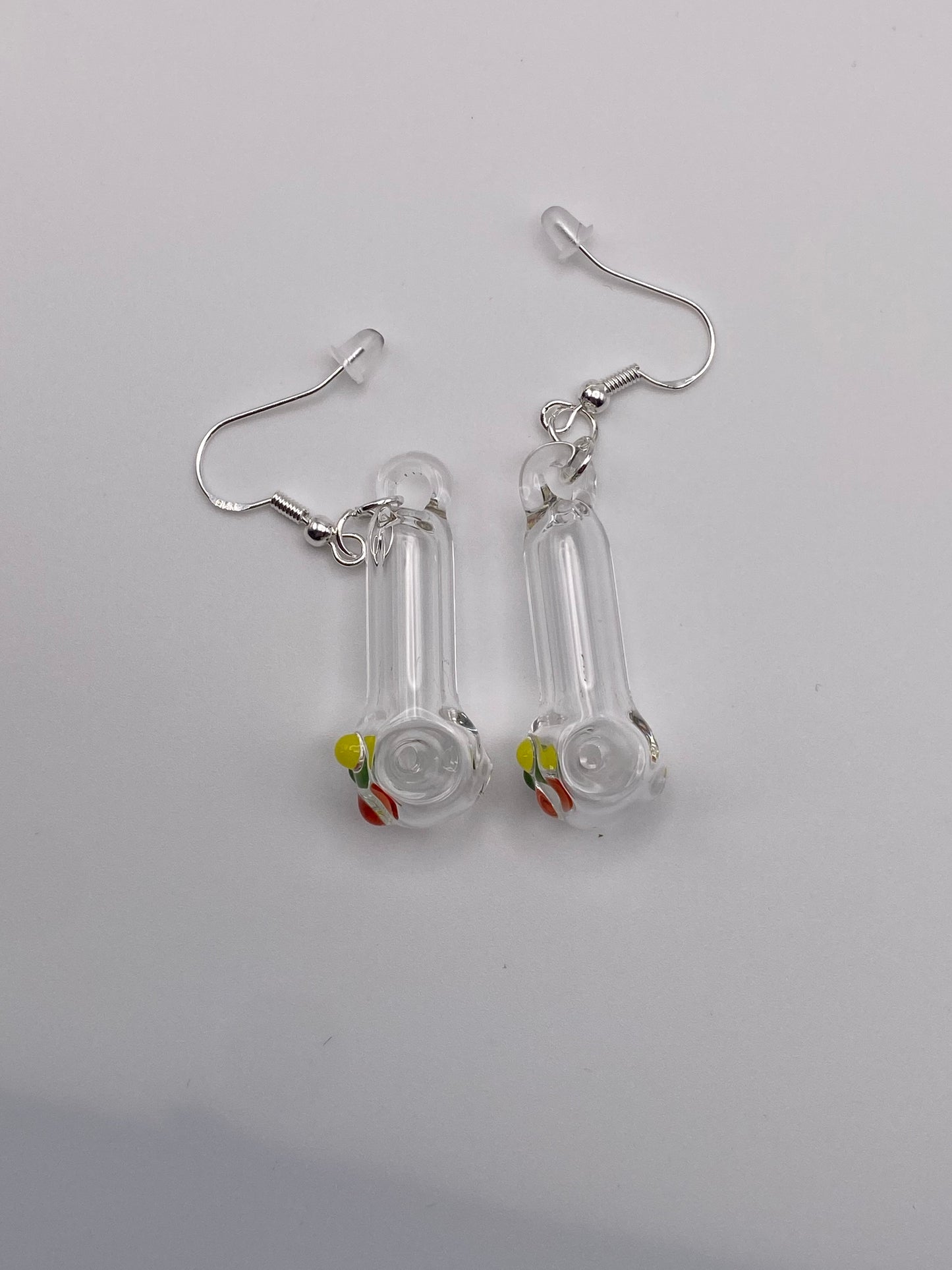 Spoon Pipe Earrings Clear w/ Rasta Accents