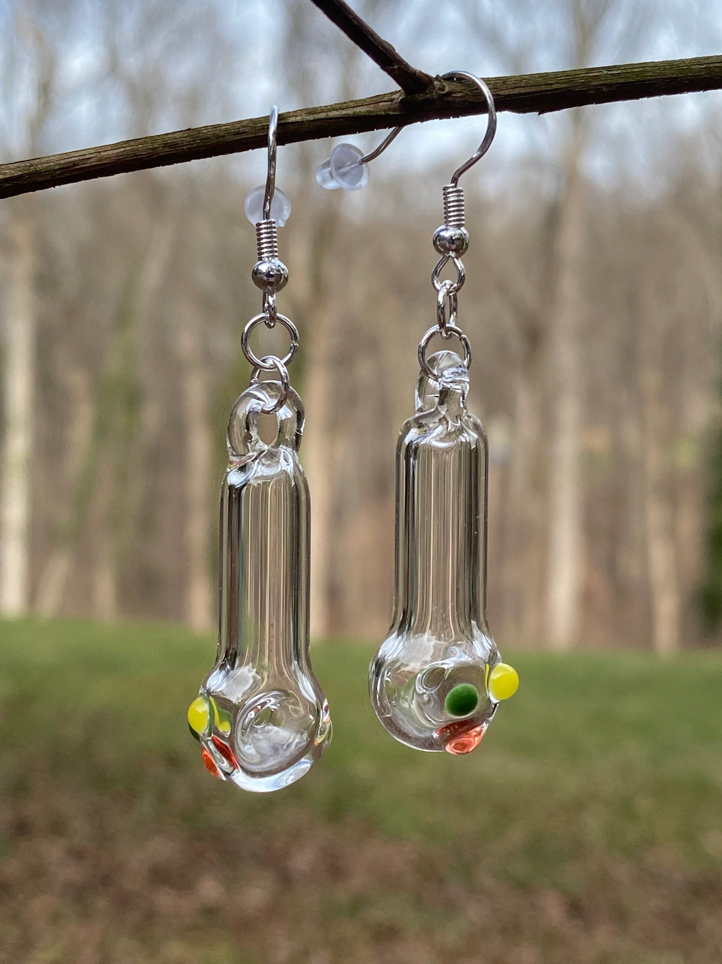 Spoon Pipe Earrings Clear w/ Rasta Accents