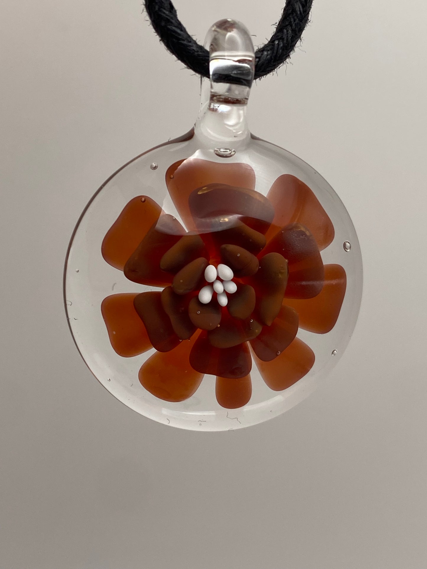 Flower Implosion Pendant - Ruby Red and Gold Fume - w/ White Stamen