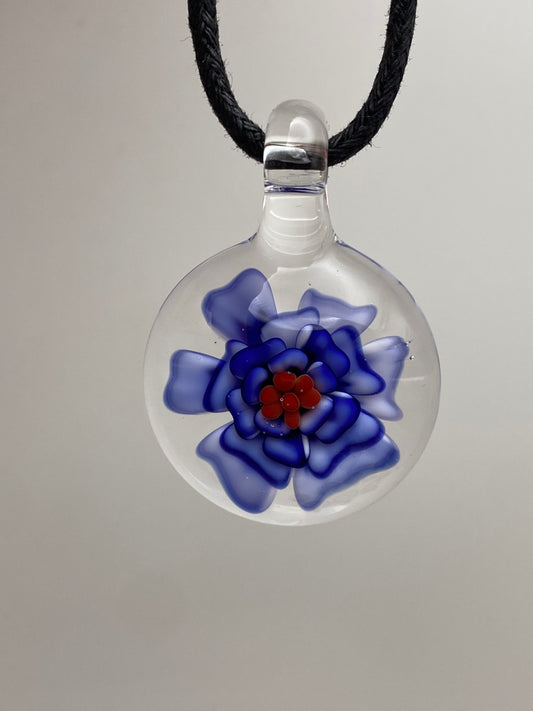 Flower Implosion Pendant - Cobalt and White - Red Stamen