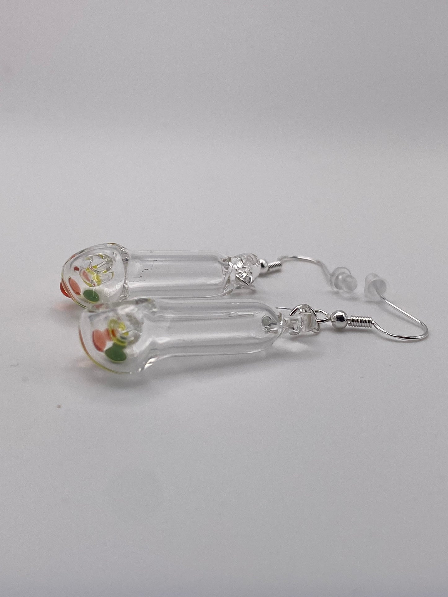 Spoon Pipe Earrings Clear w/ Rasta Accents