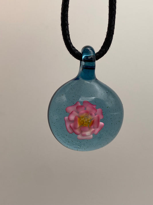 Flower Implosion Pendant - Gold Fume - w/ Yellow Stamen and Blue Stardust