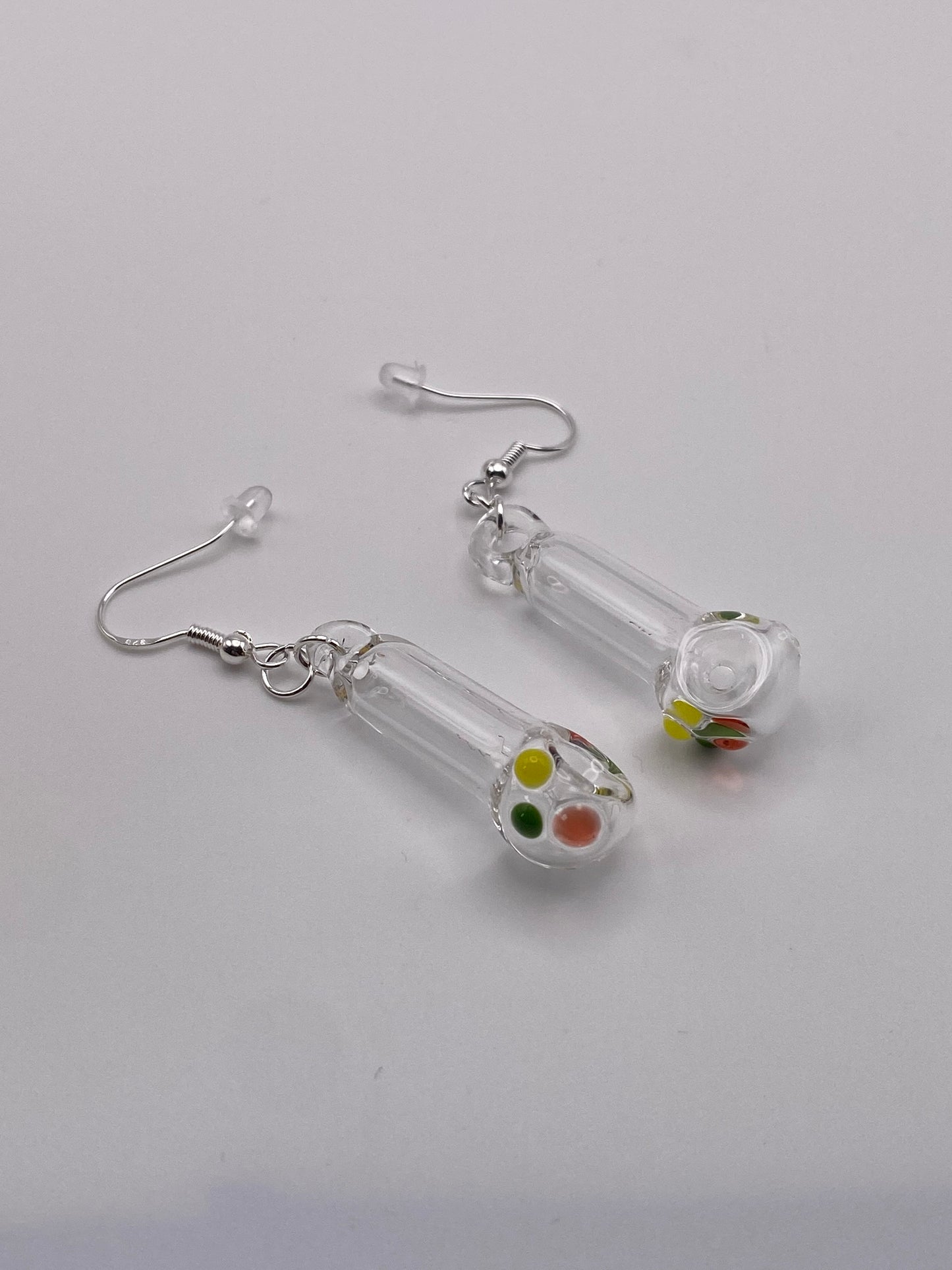 Spoon Pipe Earrings Clear w/ Rasta Accents