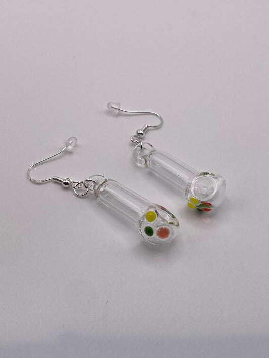 Spoon Pipe Earrings Clear w/ Rasta Accents