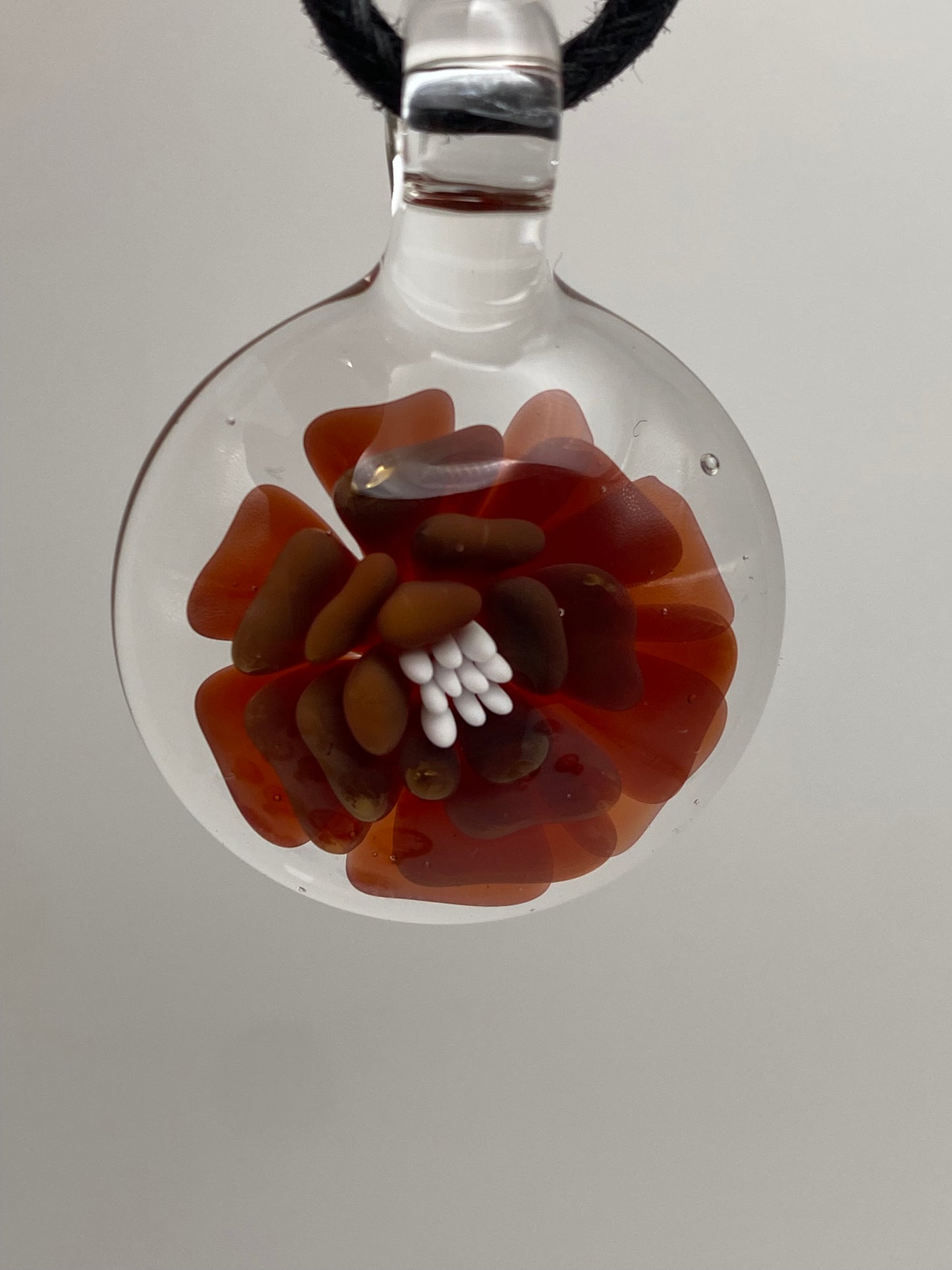 Flower Implosion Pendant - Ruby Red and Gold Fume - w/ White Stamen