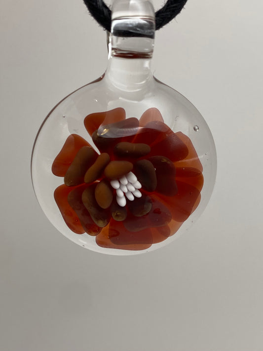 Flower Implosion Pendant - Ruby Red and Gold Fume - w/ White Stamen