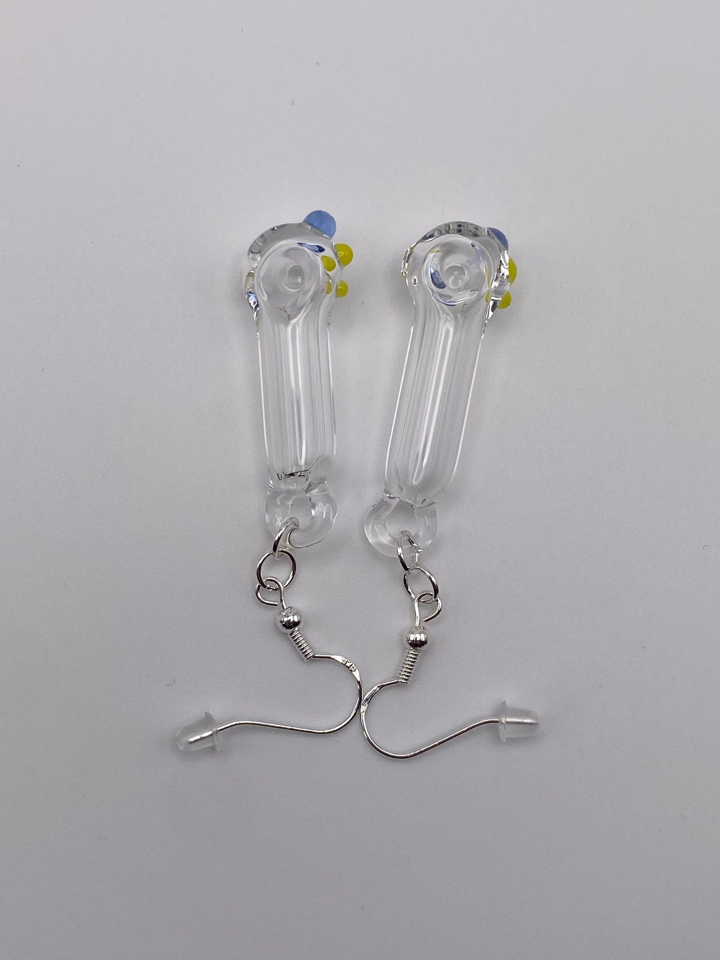 Spoon Pipe Earrings Clear w/ Light Cobalt and Canary Yellow Accents