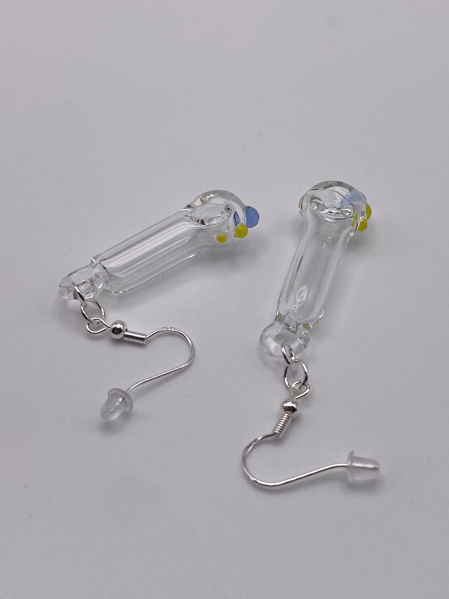 Spoon Pipe Earrings Clear w/ Light Cobalt and Canary Yellow Accents