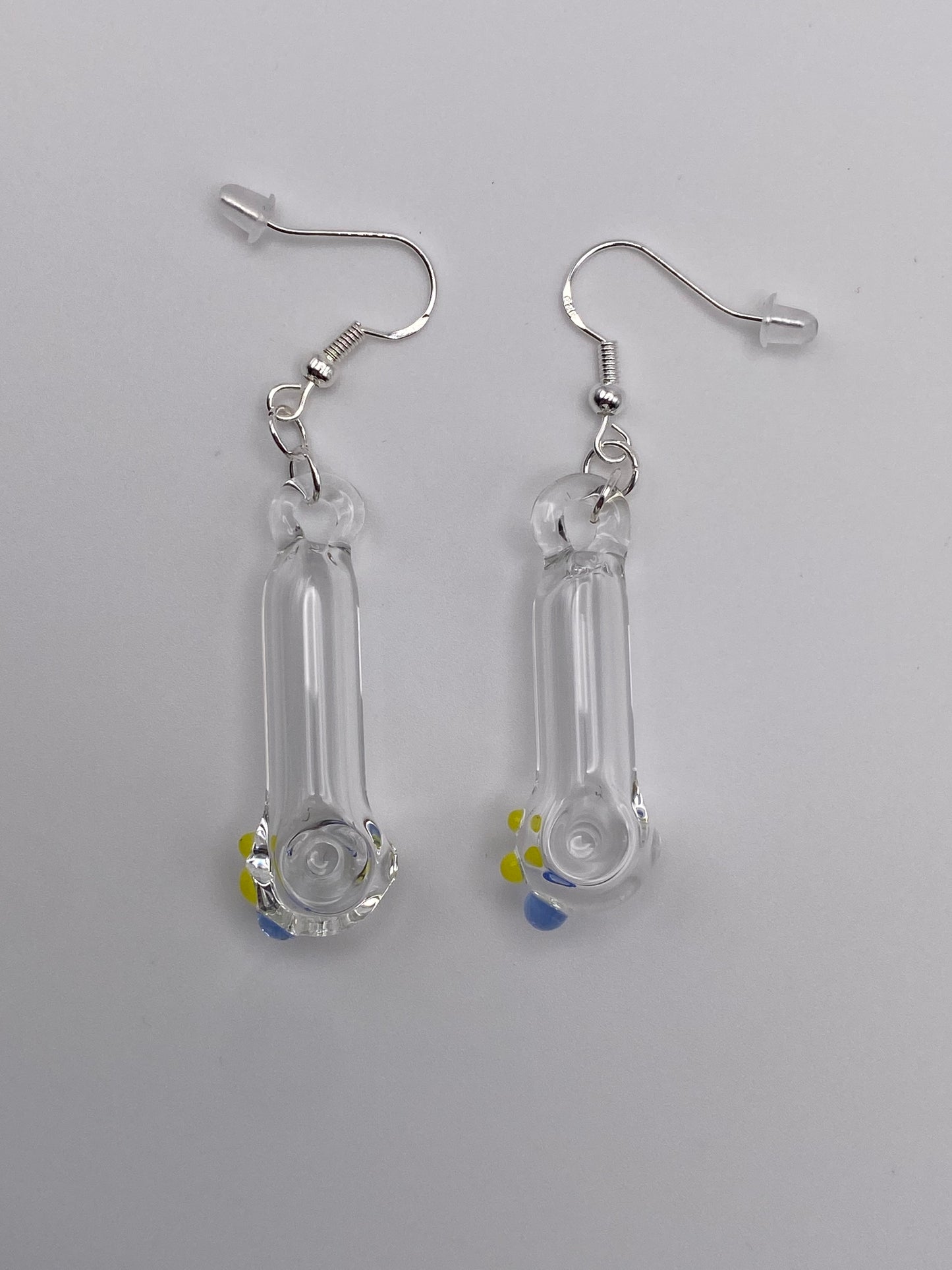 Spoon Pipe Earrings Clear w/ Light Cobalt and Canary Yellow Accents